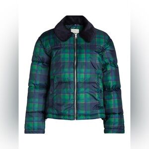 Free Assembly Cropped Puffer Jacket, Green Plaid, Navy Cord Collar, Sz S, NWT